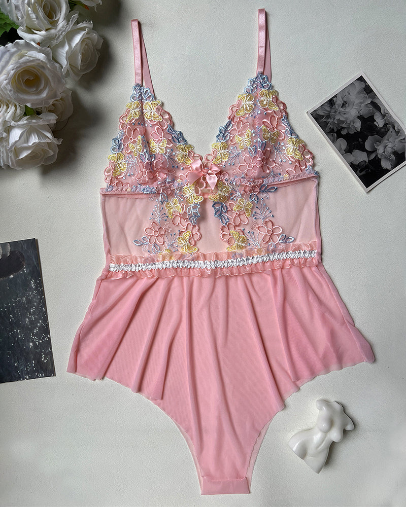 Pink floral embroidered lace bodysuit with bow, ruffle hem, and high-waist brief