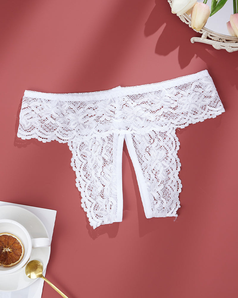 Plus size open-crotch lace panties in white with lace waistband and center cutout