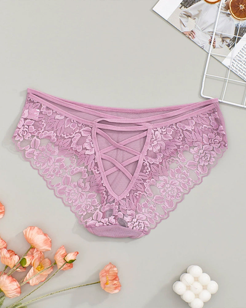 Light purple lace triangle panties with crisscross front strap