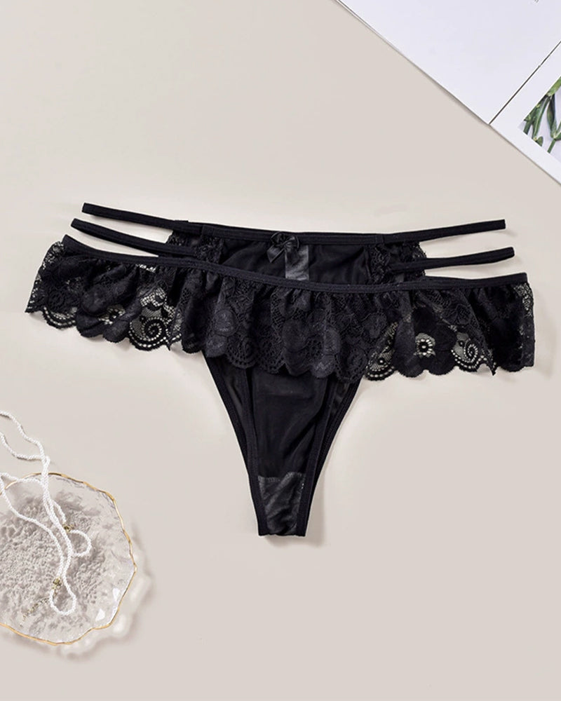 Low-waist triangle lace panties, black with scalloped lace trim and bow ties