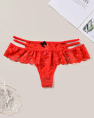 Low-waist triangle lace panties, red with scalloped lace trim and bow ties