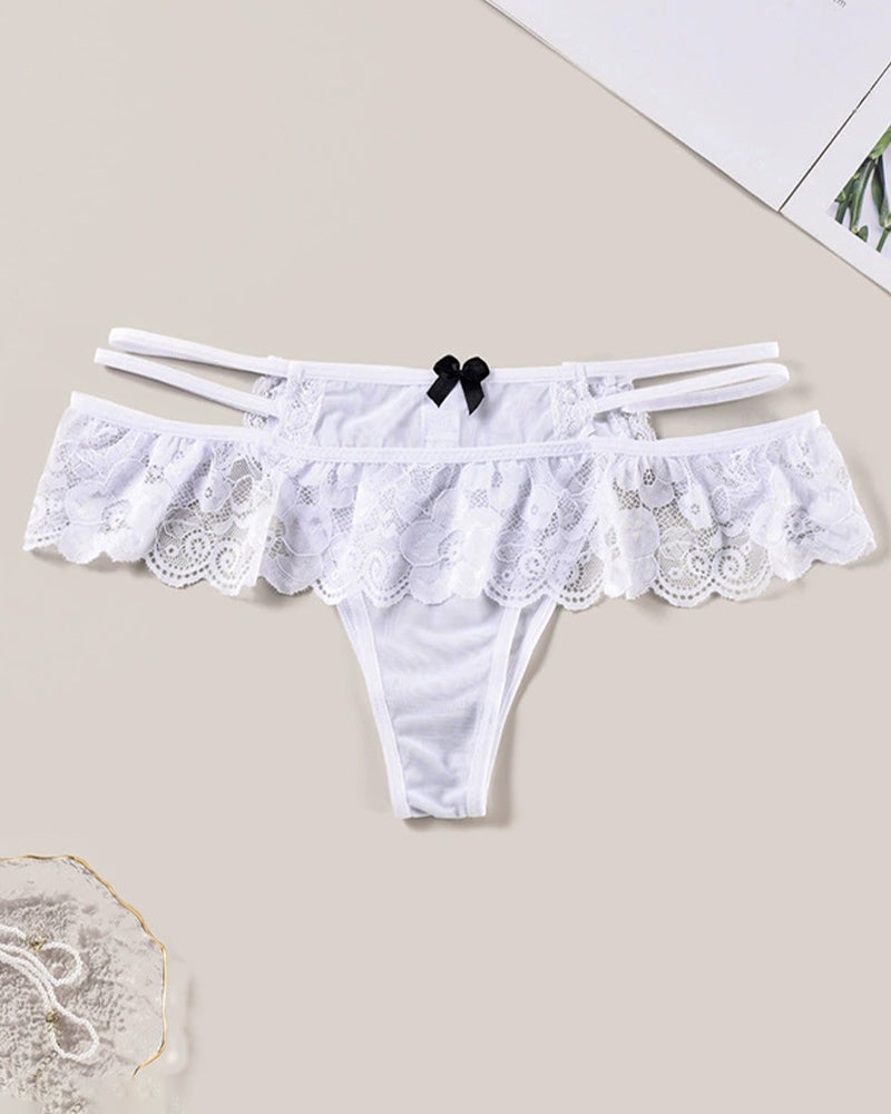 Low-waist triangle lace panties, white with scalloped lace trim and bow ties