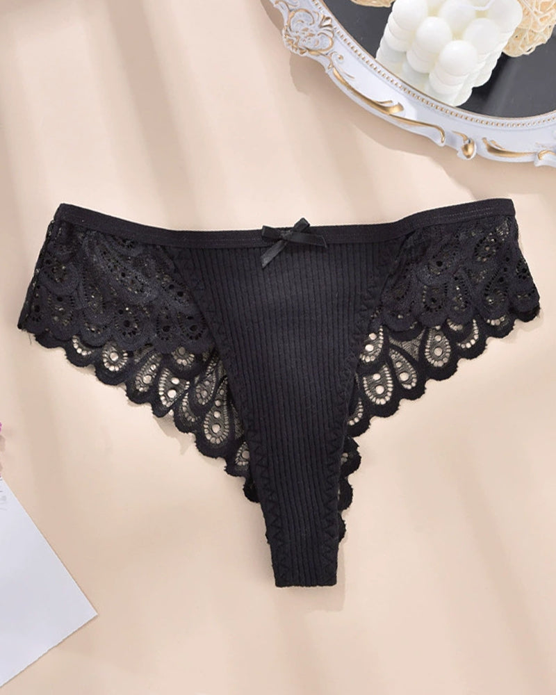 Black ribbed lace hipster brief panty with scalloped lace hem and bow