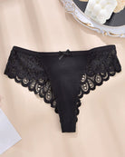 Black ribbed lace hipster brief panty with scalloped lace hem and bow