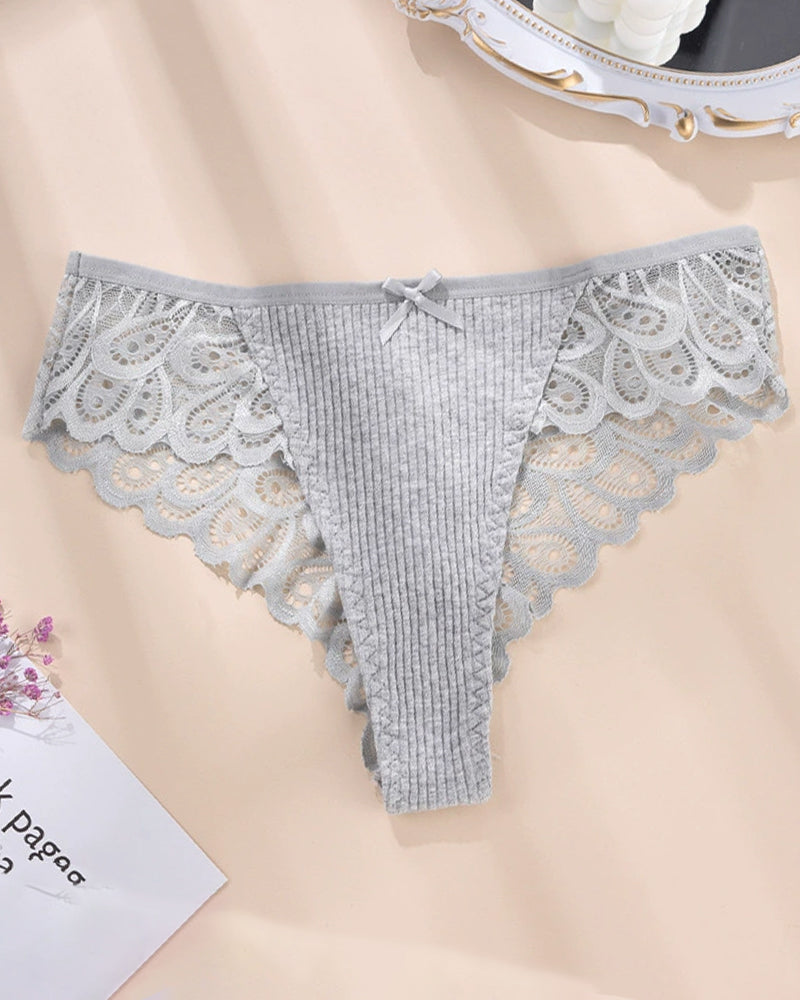 Grey ribbed lace hipster brief panty with scalloped lace sides and bow