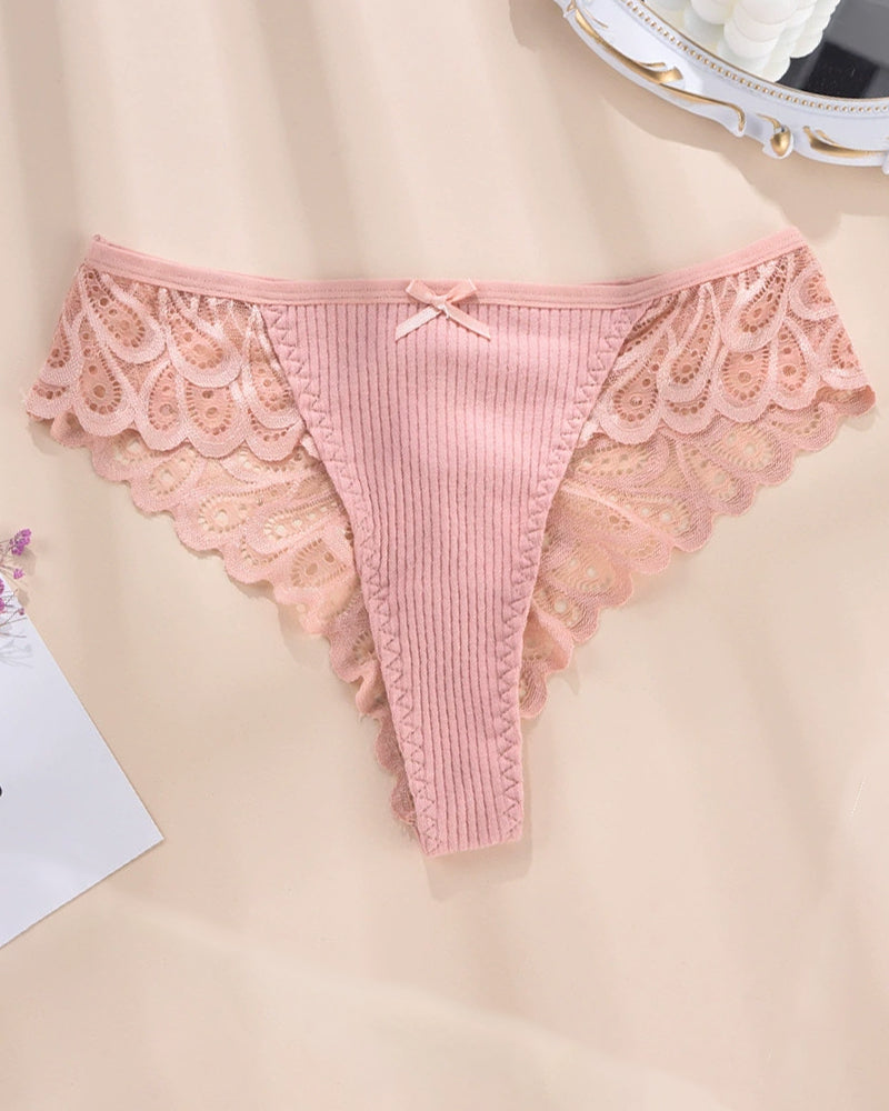 Pink ribbed lace hipster brief panty with scalloped floral lace trim and bow