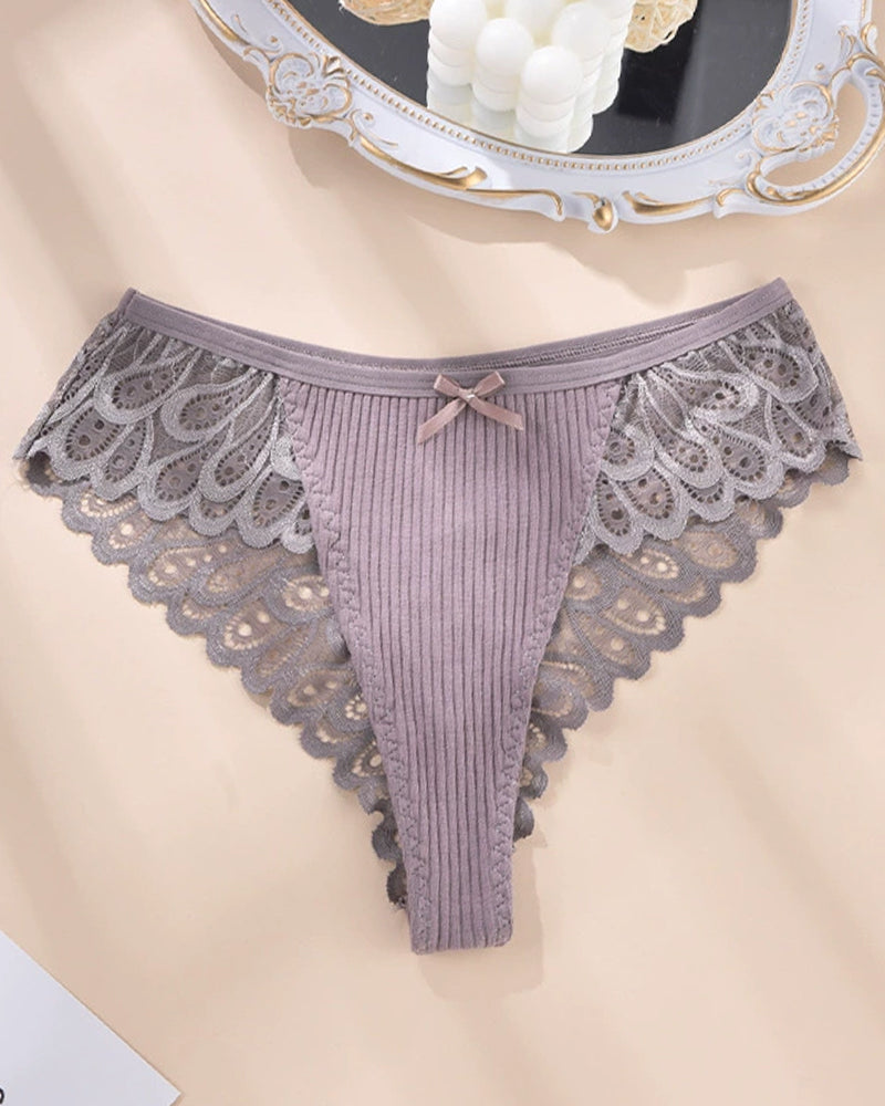 Lavender-grey ribbed lace hipster brief panty with scalloped lace sides and bow