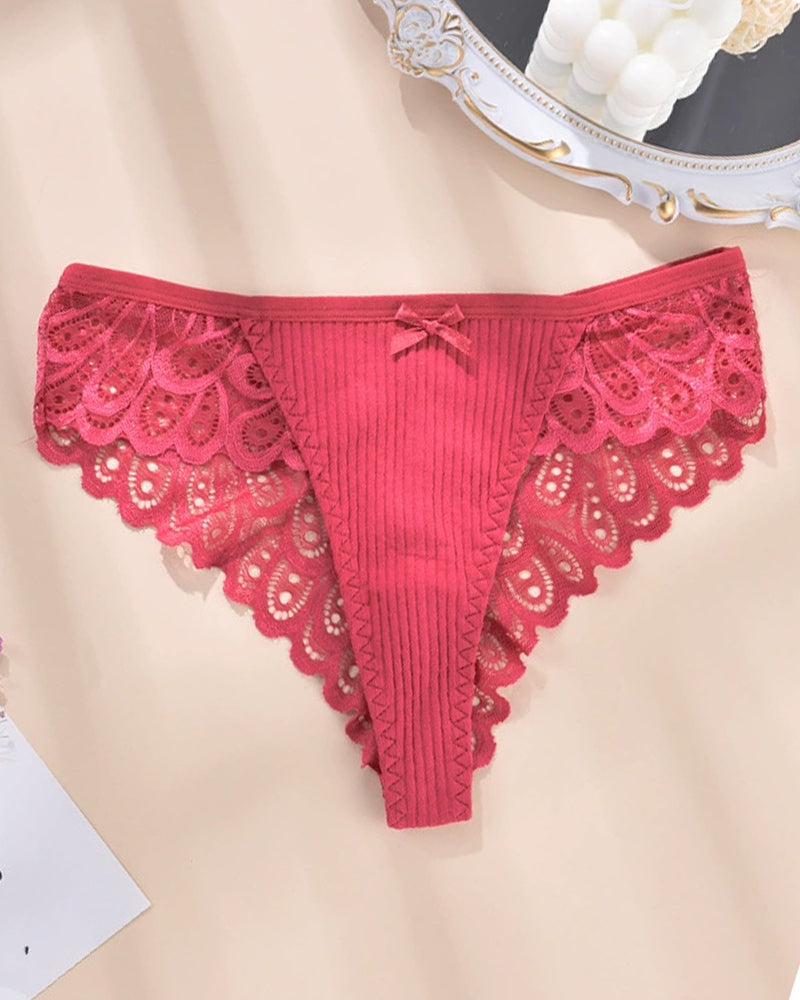 Red ribbed lace hipster brief panty with scalloped floral lace trim and bow