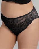 Plus size lace panties, black floral lace front with scalloped edges and sheer sides