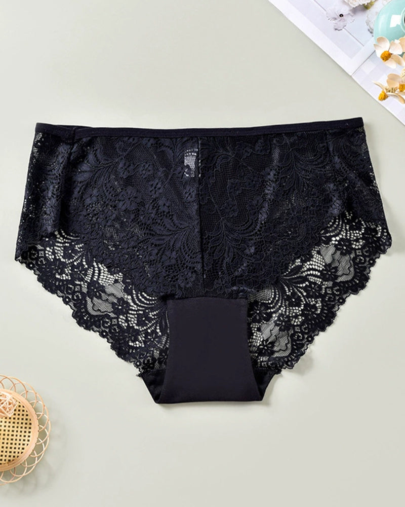 Plus size lace panties, black lace bikini with scalloped leg openings and cotton gusset