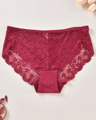 Plus size lace panties, deep red floral lace with scalloped hem and cotton gusset