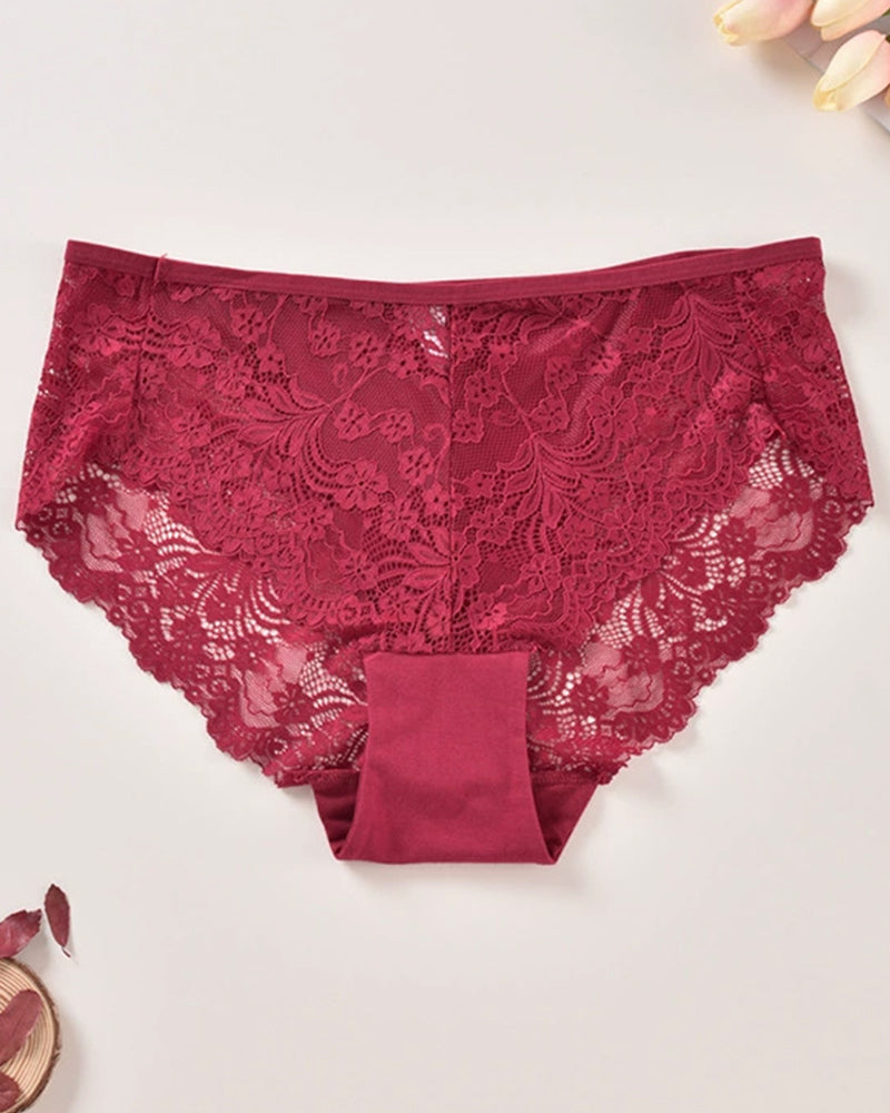 Plus size lace panties, deep red floral lace with scalloped hem and cotton gusset