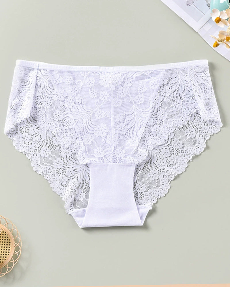 Plus size lace panties, white floral lace with scalloped leg openings and cotton gusset