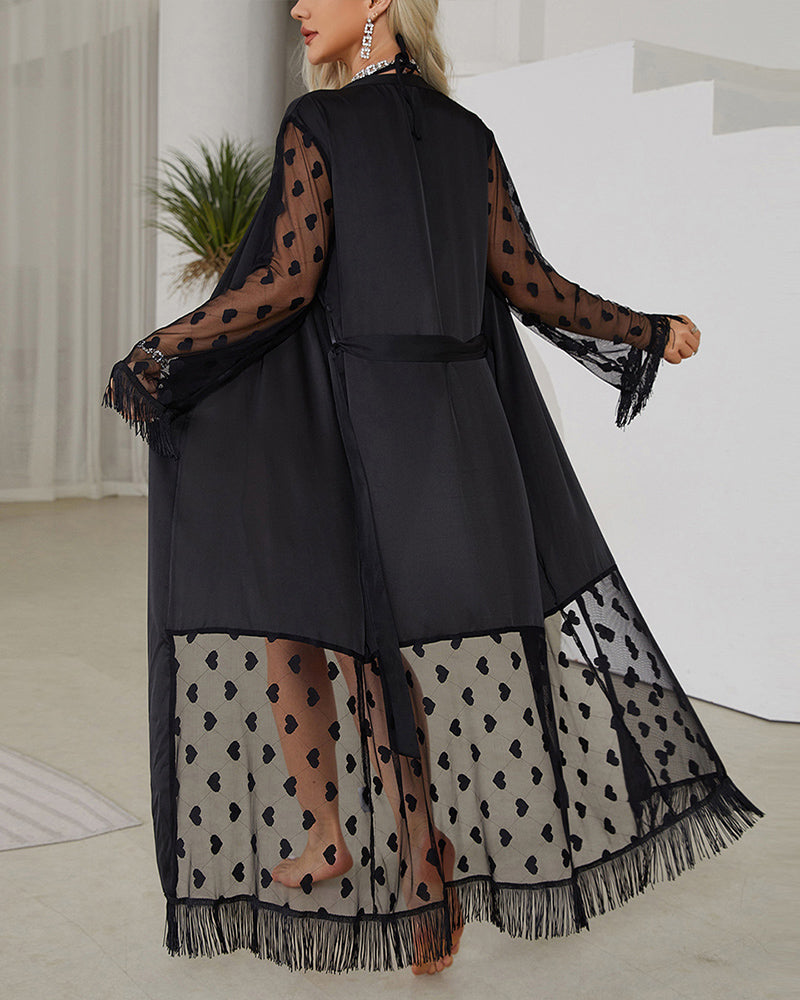 Black sheer lace satin nightgown with heart-pattern mesh sleeves and tied waist belt