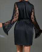 Black satin robe with sheer heart lace sleeves and tied waist belt
