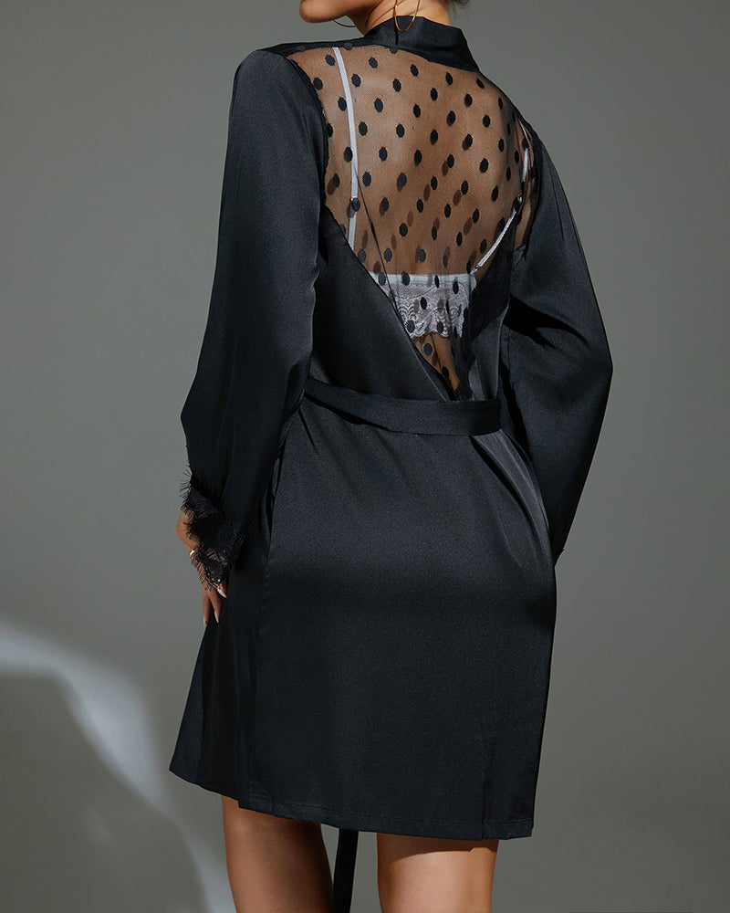 Black sheer lace backless robe with waist belt and dot mesh back panel