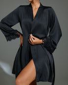 Black sheer robe with waist belt and lace-trim cuffs, deep V neckline