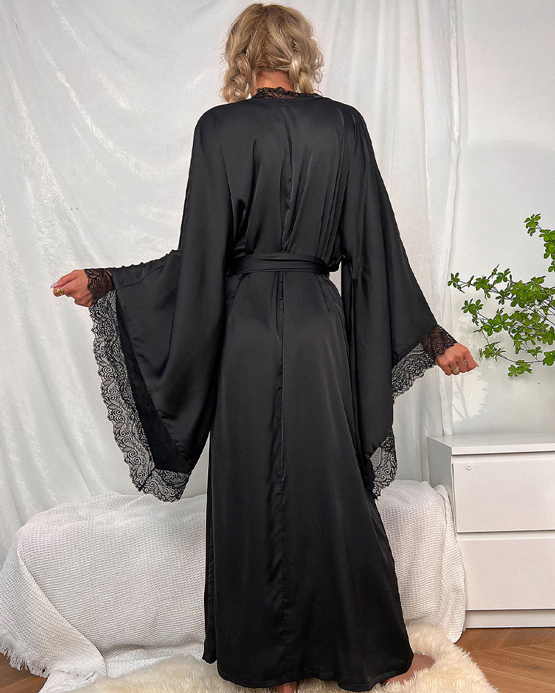 Black satin belted robe with contrast lace trim, belted waist and lace-trimmed cuffs.