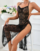 Black lace high-slit nightgown with sheer bodice and tie-back halter straps