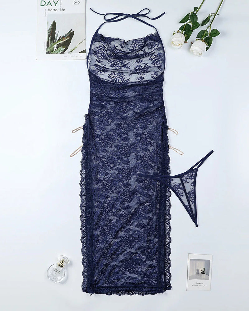 Navy lace nightgown with halter tie straps and high-slit skirt