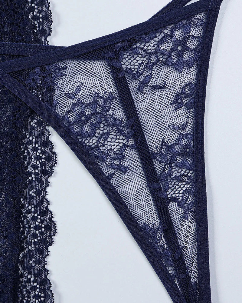 Navy lace lingerie cutout side detail with scalloped trim