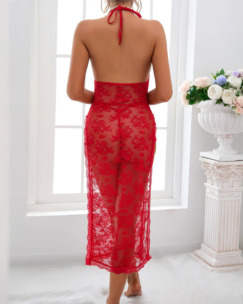 Red lace high-slit nightgown with open-back tie and spaghetti straps