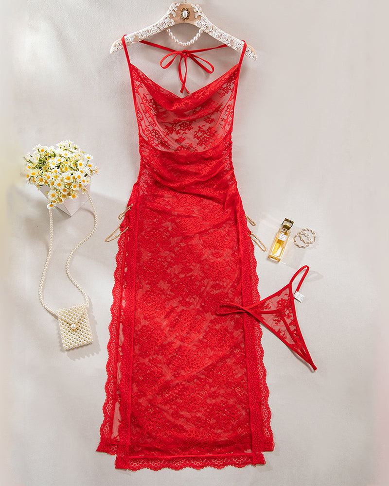 Red lace high-slit nightgown on hanger, spaghetti straps and open-back tie