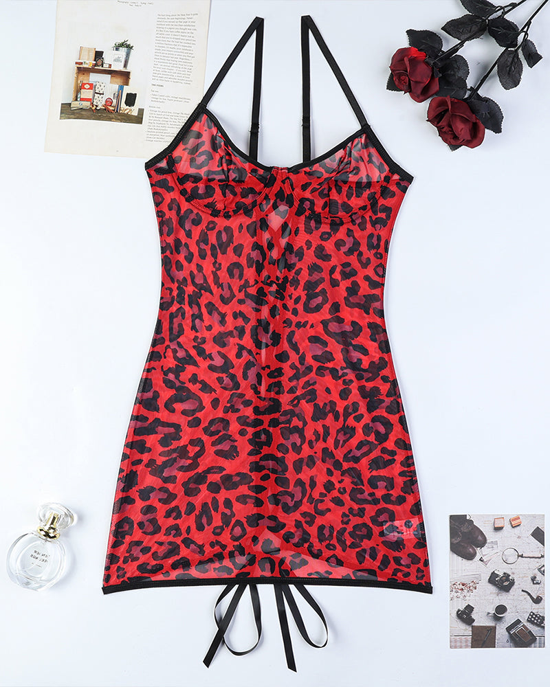 Leopard print mini dress with lace-up back ties and black trim, sleeveless