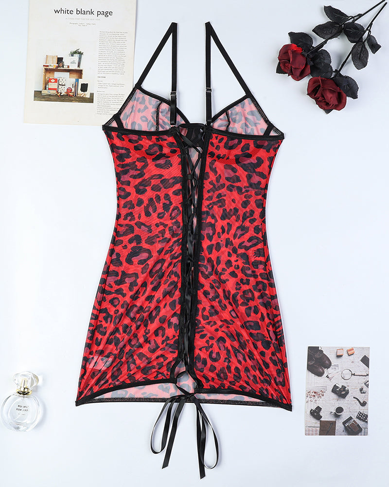 Leopard print backless mini dress with central lace panel and adjustable ties