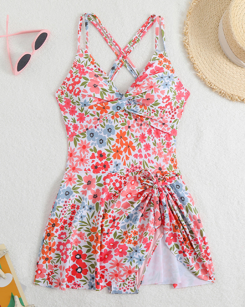 Floral print swim dress flat lay, halter straps, side drawstring waist tie