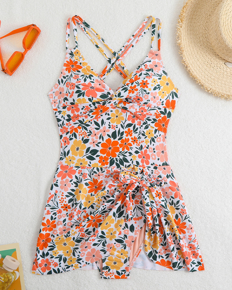 Floral print side drawstring swim dress, V-neck twist bodice, flared skirt
