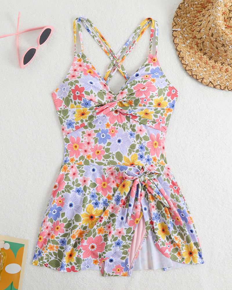Floral print swim dress flat lay, halter V-neck, knotted side drawstring waist