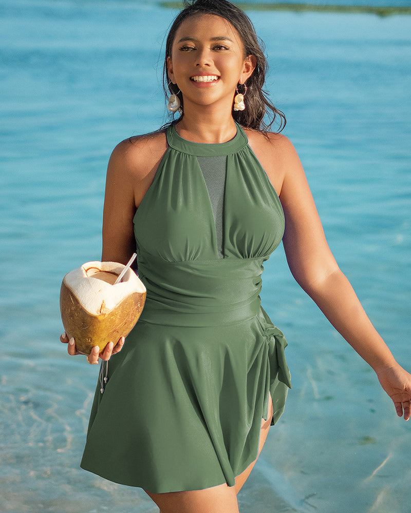Plus size halter swim dress, sage green, high neck halter and ruffled hem skirt.