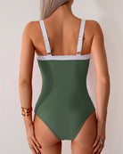 Army green push-up padded one-piece swimsuit, back view with white straps and low back