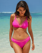 Rose red mesh-trim triangle bikini set with halter straps and matching high-cut bottoms