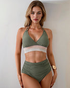 Army green halter triangle bikini top with striped band and high-waist ruched briefs