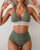Army green color-block bikini set with halter triangle top and ruched high-waist bottoms