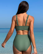 Ruched mesh bikini set in army green, strappy back and high-rise ruched bottoms