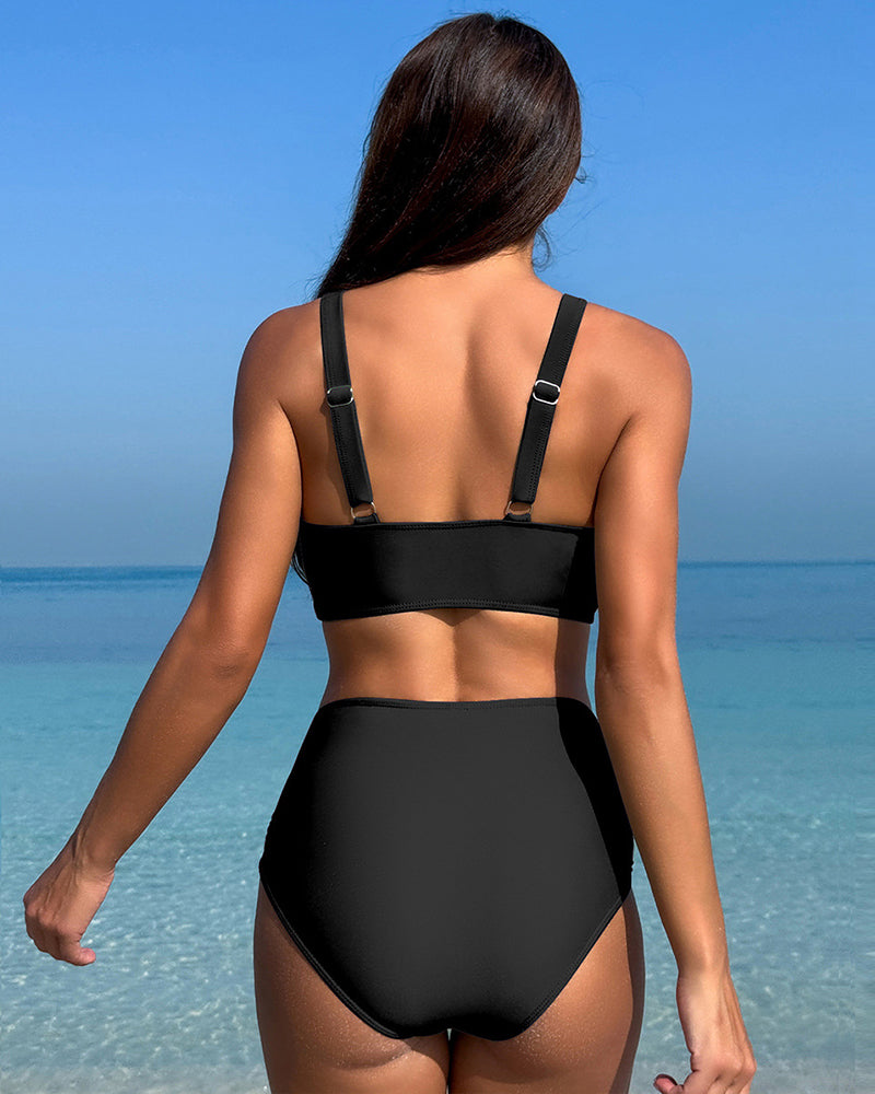 Ruched mesh bikini set in black, strappy back and high-waist ruched bottoms