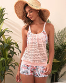 Floral mesh tankini set with hollow-out cami top and matching print shorts, pink
