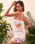 Hollow-out mesh tankini top with floral print back and matching shorts, pink