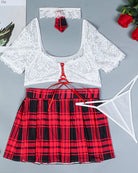 Lingerie set pieces: white lace bra top, red plaid mini skirt, small red thong