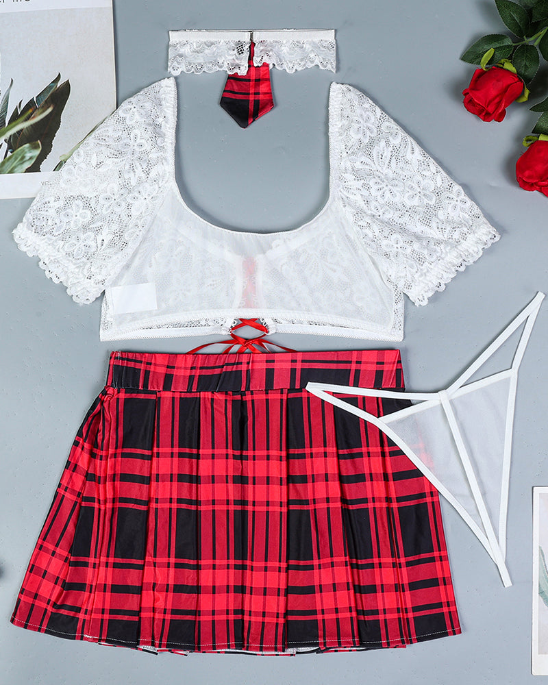 Lingerie set pieces: white lace bra top, red plaid mini skirt, white accessory