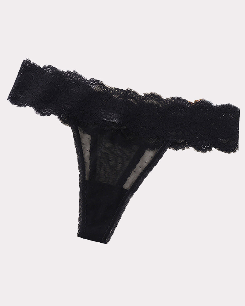Low-rise lace backless briefs, black lace thong-style with scalloped trim