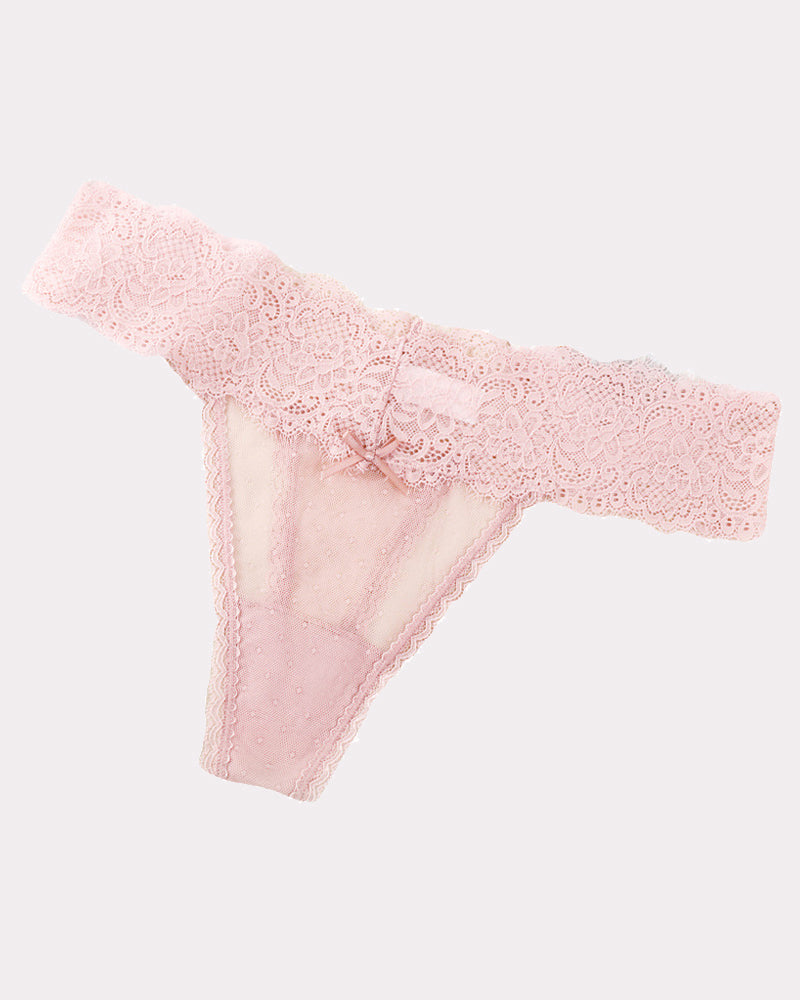 Low-rise lace backless briefs, blush pink lace with bow detail