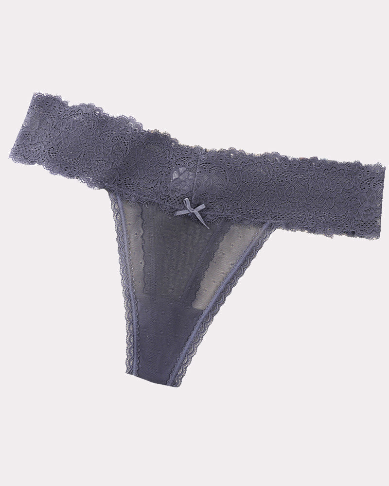 Low-rise lace backless briefs, black lace with front bow and sheer sides
