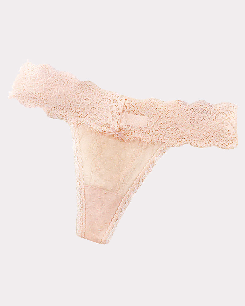 Low-rise lace backless briefs, pale pink lace with bow and scalloped trim