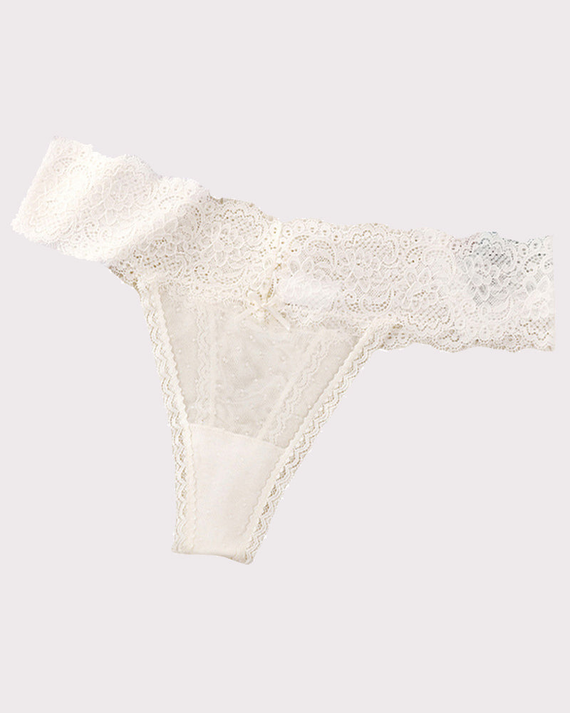 Low-rise lace backless briefs, white lace with bow detail and sheer panel
