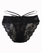 Black lace hipster V-shape panties with scalloped edges and crisscross strap detail