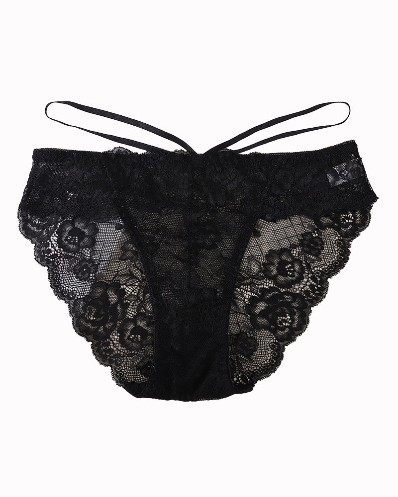 Black lace hipster V-shape panties with scalloped edges and crisscross strap detail